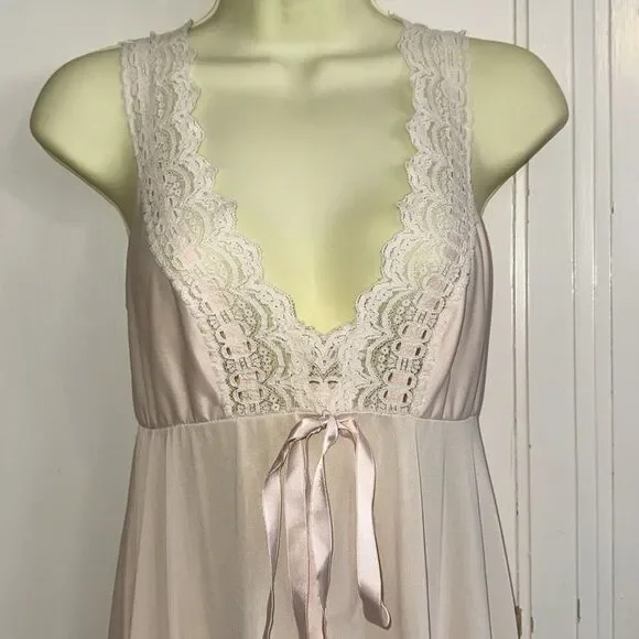 Vintage 60s Olga light pink deep lace V neck sleeveless nylon long nightgown